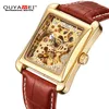 Ouyawei Mechanical Watch Men Brand Wristwatch Leather Strap Self Wind Gold Skeleton Watch for Case Rectangle Sport Montre Homme264Z
