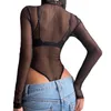 Kvinnors t-shirt damer lapel bodysuits nattklubb transparent skjorta hösten 2022 kvinnor fast färg mesh perspektiv långärmad halv blixtlås toppar t230104