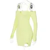 Lässige Kleider # 5062 Candy Gelb Lila Minikleid Frauen Aushöhlen Sexy Unregelmäßige Langarm Slash Neck Sapeghetti Strap Bodycon