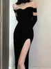 Vestidos de festa primavera outono moda mulheres sexy split off ombro malha vestido preto feminino clube y2k bodycon harajuku roupas 230103