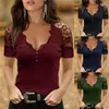 Kvinnors blusar sexiga kvinnor sommar fast färg mesh lapptäcke design knapp dekor se genom v-hals kort ärm smala tröjor toppar