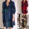 Casual Dresses Women's Fashion Plaid Print Lapel Single-Breasted Panel Rakt långärmad lös skjorta klänning för Wome Vestido Feminino