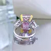 Wedding Rings Ring 925 Sterling Silver High Carbon 13x16mm 30Ct Pink Yellow Created Diamond Four Prong Settings Flower Cut