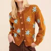 Kvinnors stickor Tees 2023 tröjor för kvinnor orange söt blommor cardigan vinter söt cardigans boho stil långärmad broderi knappar kn