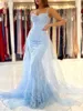 Hellblaue Meerjungfrau-Abschlussballkleider, lang, herzförmig, Applikationen, Spitze, Abendkleider, abnehmbare Tüll-Schleppe, formelle Partykleider, Vestidos, Gala, Robes de Soiree