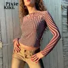 女性のTシャツピクシーキキ抽象茶色のプリントグラフィックティーY2KストリートウェアロングスリーブトップファッションスリミングTシャツ女性用P85-BZ14 T230104