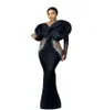 Aso Ebi Noir Sirène Robes De Soirée Volants Cristaux De Fleurs Perles Manches Longues Illusion Côté Africain Occasion Bal Piste Pageant Robe