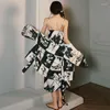 Vrouwen Nachtkleding Vrouwen Zwart Print Bloemen Vrouwelijke Gewaad Toga Sets Sexy Vest Kimono Badjas Lange Nachtjapon Lente Zomer Mode
