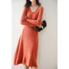 Casual Dresses Autumn And Winter 2023 Women's V-neck Dress Medium Long Over Knee Wool Loose Thickened Knitting Bottomed Skirt