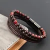 Charm Bracelets Mutilayer Bracelet For Men Red Tiger Eye Stone Braided Wrap Leather Beads Bangle Wristband Vintage Punk Male Jewelry