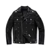 Men's Leather & Faux Black Rivet Patched Punk Genuine Moto Biker Jacket