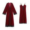 Women's Sleepwear Autumn Winter Velour Robe Sets Women Two Pieces Sexy Lace V Neck Long Night Dress Velvet Vintage Nightgowns Nightwear