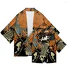 Camisas casuais masculinas ilustração de hip-hop imprimir quimono cardigan verão homens e mulheres praia proteção de proteção samurai japonês camisa
