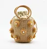 Storage Bottles Handmade Rhinestone Crystal Embellished Straw Bag Small Bucket Bags Lady Travel Purses And Handbags NJ70705