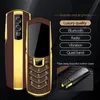 NIEUW ARBROEMEN GEBRUIKTE GOUDEN MELFELE TELEFOON Klassieke Quad Band 2G GSM Dual Sim Card Mobile FM Radio Camera Mp3 Bluetooth Dial Magic Voice Cellphone met Case