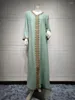 Ethnic Clothing 2023 Autumn Muslim Women Long Sleeve V-neck Green White Abaya Dress