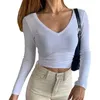 Dames t-shirt dames lange mouw v nek crop top ribbed gebreide slanke gemonteerde basis t-shirts herfst streetwear sexy lady hot roze tees gebreide g1147 t230104