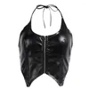 Women's Tanks Women Black Faux Leather Camisole Sexy Halter V-Neck Zip Up Sleeveless Corset Crop Top Backless Party Club Bustier Vest