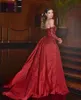 Kırmızı lüks deniz kızı prenses gece elbiseleri kapalı trenle omuz uzun kollu gillter 3d çiçek arapça balo elbisesi