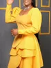 エスニック服5xlプラス女性2023年秋のアフリカの黄色の長袖Oネックポリエステルドレスドレス