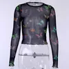 Dames T-shirt Women Long Sleeve Mesh Zie door Top Beach Club T-shirts Summer Butterfly Print Sheer Sexy T-shirts 2020 Mode kleding T230104