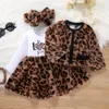 Clothing Sets Autumn Winter Toddler Girls Letter Leopard Print Fur Patchwork Long Sleeve Dress Jacket Tops Headband Baby's 230105