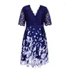 Sukienki w rozmiarze plus kwiatowy nadruk 2023 Summer Blue Lace Patchwork Elegancki dla klubu imprezowego Kobiety Krótkie rękawy Casual MIDI