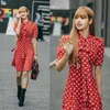 Vestidos casuais kpop coreano celebridade brow-knot vermelho retrô de temperamento vestido feminino de rua de verão