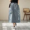 Kjolar 2023 Ankomst Autumn Women Lose Casual Floral broderi rak kjolfickor Patchwork Design Cotton Denim P645