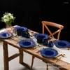 Plates Creative Relief Blue Glazed Ceramic Plate French Classics Milk Jug Sugar Can Steak Pastar Hushållens bordsartiklar