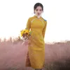 Этническая одежда Элегантное желтое длинное рукав Qipao Женское китайское платье Осеннее Cheongsams Традиционное хараджуку хала