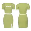 Work Dresses Summer Skirt Set Outfit Women Lace Trim Square Neck Short Sleeves Crop Tops High-Waist Slit For Female Ladies Fashion