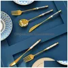 Dinnerware Sets Kitchen Goldplated Cutlery Set Dessert Forks Knives Spoons Elegant Design Ceramic For Home Restaurant Canteen 220228 Dhu9D