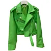 Damenjacken, Frühling, kurze grüne Gecko-Biker-Lederjacke, lange Ärmel, Reißverschluss, Gürtel, farbig, stilvolle Oberbekleidung für Damen, modische Crop-Tops