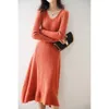 Casual Dresses Autumn And Winter 2023 Women's V-neck Dress Medium Long Over Knee Wool Loose Thickened Knitting Bottomed Skirt