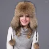 Basker riktiga päls hattar för kvinnor 2023 lyx kvinnors vinterbomber med öron Rysslands mössor