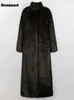 Damesleer Faux Nerazzurri Winter Lange dikke Warm Luxe Elegante gestreepte pluizige nertsenbontvacht Women Stand kraag maxi overjas 230105