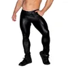 Calças masculinas Sexy Faux Leather Stage Performance Mid-Rises Waist Band lápis U convexo Zipper aberto Streetwear