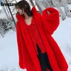 Women's Leather Faux Nerazzurri Oversized Red Thick Warm Soft Fluffy Fur Coat Women Raglan Seeve Stylish Long Coats for Winter 230105