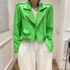 Vestes Femmes Printemps Court Vert Gecko Biker Veste En Cuir À Manches Longues Fermeture À Glissière Ceinture Colorée Vêtements D'extérieur Élégants Pour Femmes Mode Crop Tops