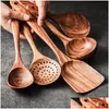 Utens￭lios de cozinha teca teca de madeira de madeira natural colher turner ladle rice clander sopa skimmer colloons scoop kitchen ferramenta conjunto gota d dhbfd