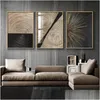 Paintings Wall Prints Abstract Retro Black Gold Wood Art Posters Tree Ring Radial Lines Nordic Canvas Picture Home Decor Drop Delive Dhstr