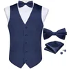 Men's Vests Retro Blue Men's Vest Chaleco Hombre Navy Bow Tie Pocket Square Cufflink Sets Sleeveless Slim Dress Waistcoat For Business