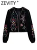 Women's Jackets Zevity Women Vintage Flower Embroidery National Style Short Coat Ladies Retro Open Stitching Casual Velvet Jacket Tops CT100 230105