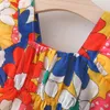 ガールドレス2023夏のボヘミア飛ぶ袖をプリーツオーバーオーバーフラワープリントパーティービーチ子供ベビープリンセス