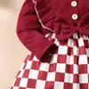 Mädchen Kleider Herbst Kinder Baby Kleid Langarm Mode Rundhals Bogen Knoten Rot Karo Druck Säugling A-linie