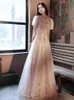 Vêtements ethniques Champagne Lady Maxi Dress Sexy Mesh Perspective Puff Sleeve Cheongsam Beaded Sequins Plissé Qipao Exquis Banquet Robes