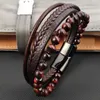 Charm Bracelets Mutilayer Bracelet For Men Red Tiger Eye Stone Braided Wrap Leather Beads Bangle Wristband Vintage Punk Male Jewelry