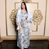 Casual Dresses Floral Hijab Dress for Women 2023 Muslim Dubai Turkiet Arab Oman Marocko Kaftan Ribbon V Neck Jalabiya Eid Outfits