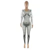 Kobiety Skuwy Rompers Moda 3D Body Print Design Sexy sportowe Oczelń Linkgenki z długim rękawem chude klubowe przyjęcie kombinezonowe ubrania 230104